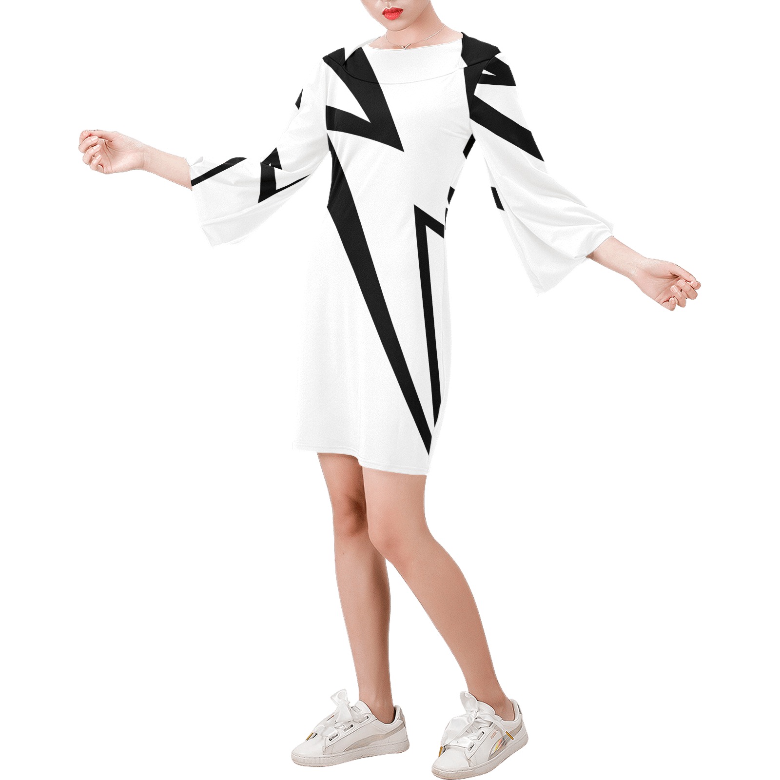 black strike white bell dress Bell Sleeve Dress (Model D52)