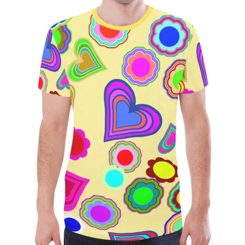Groovy Hearts Flowers Pattern Yellow New All Over Print T-shirt for Men (Model T45)