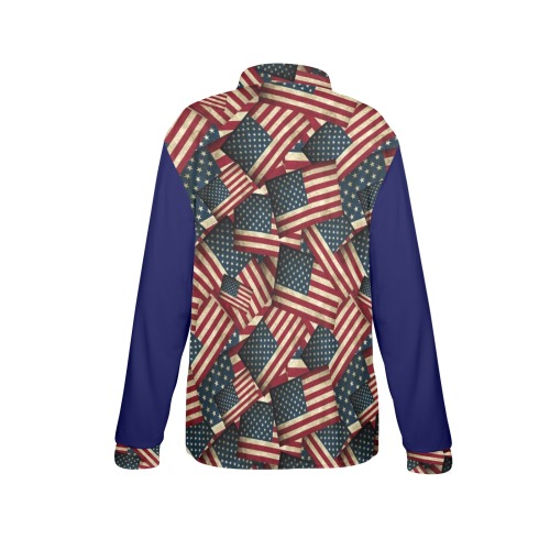 Patriotic USA American Flag Art  / Blue Women's Long Sleeve Polo Shirt (Model T73)