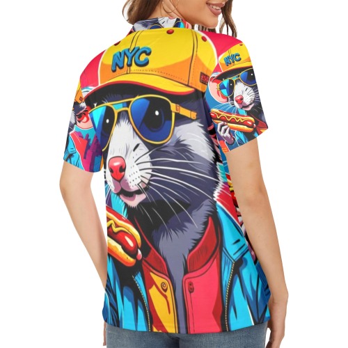 HOT DOG EATING NYC RAT 3 Women's All Over Print Polo Shirt (Model T55)