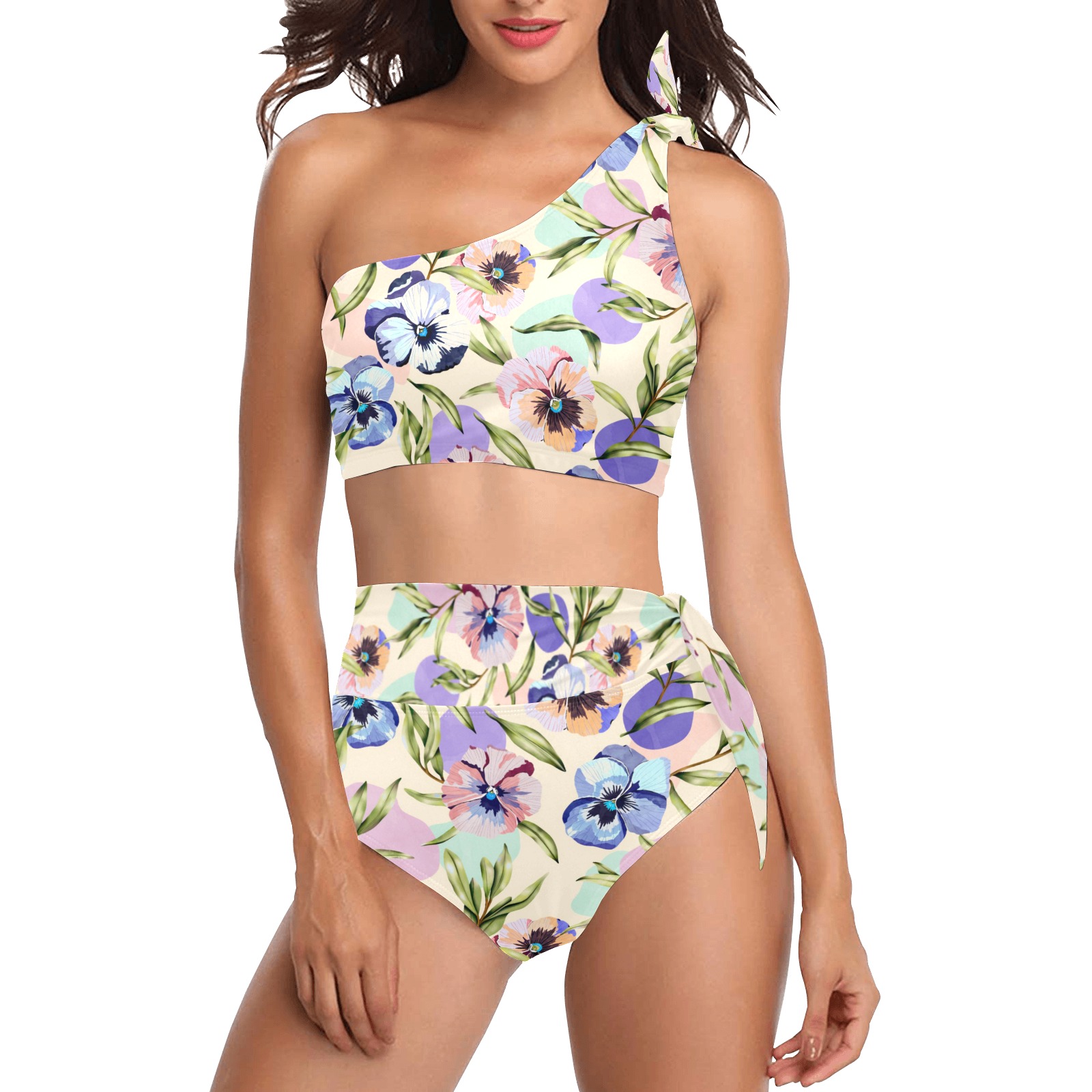 Beautiful tropical garden pastel colors High Waisted One Shoulder Bikini Set (Model S16)
