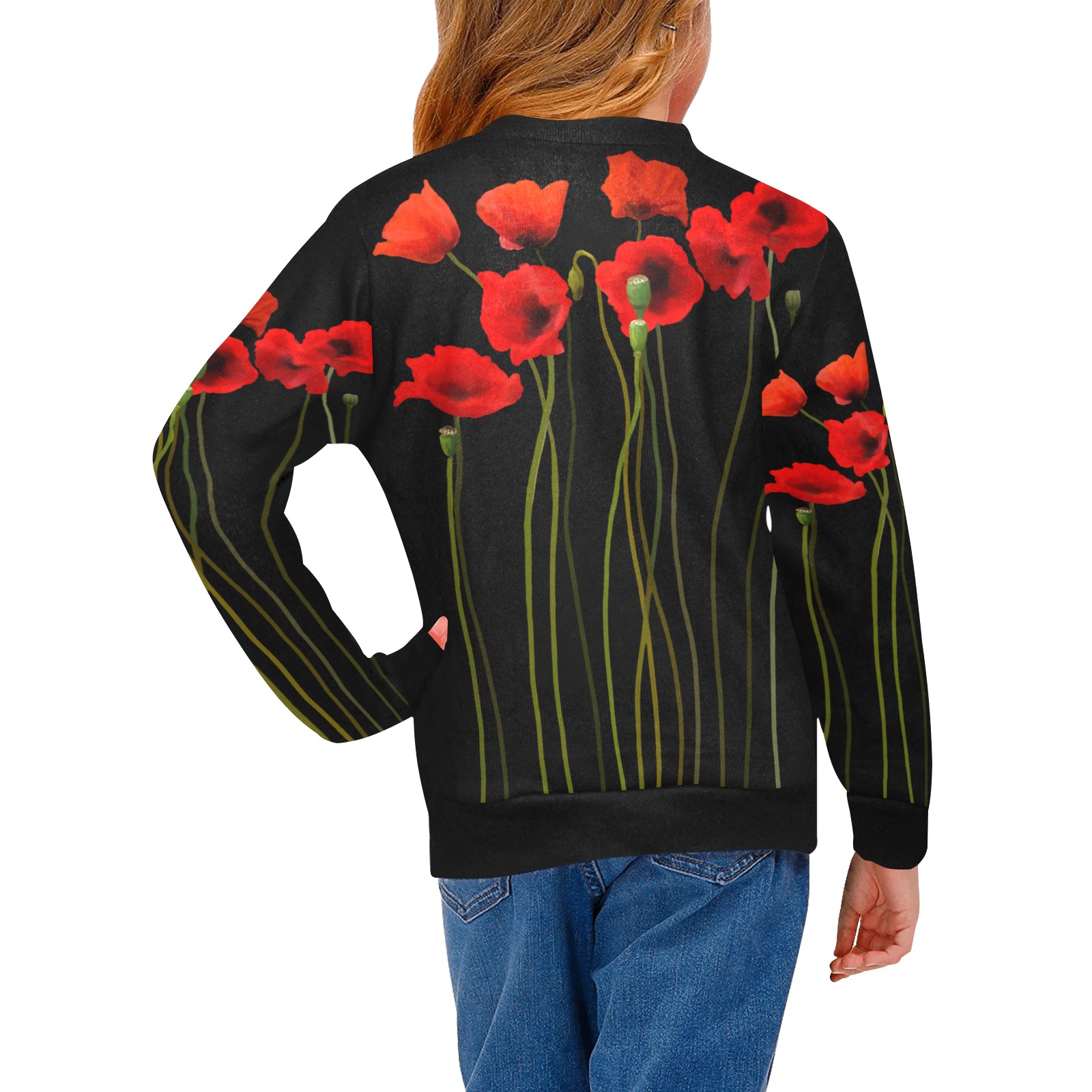 Poppies Floral Design Papaver somniferum Girls' All Over Print Crew Neck Sweater (Model H49)