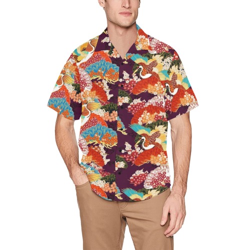 CRANE ELEGANCE Hawaiian Shirt with Chest Pocket (Model T58)