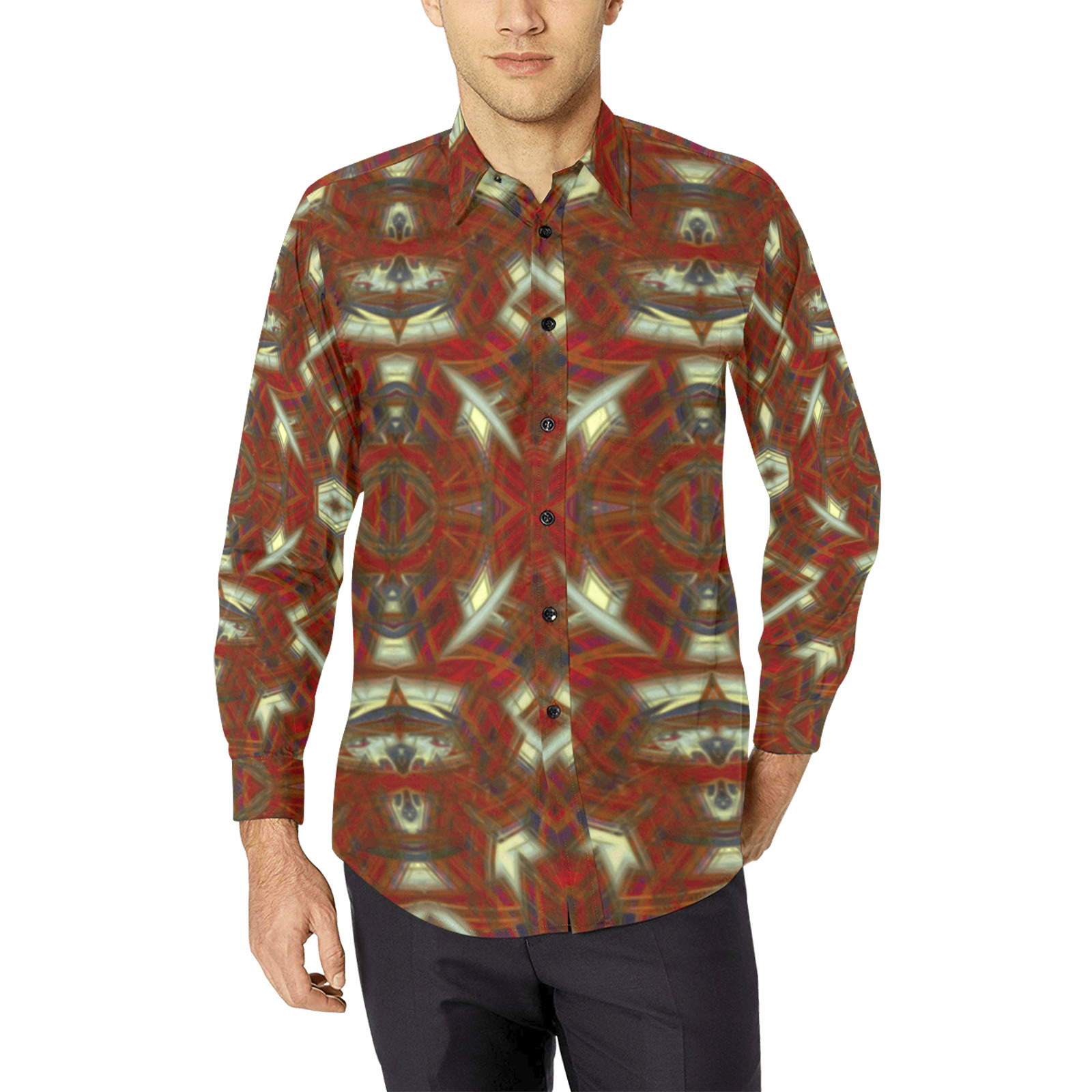 A Deck of Aces - red beige light blue geometric pattern Men's All Over Print Casual Dress Shirt (Model T61)