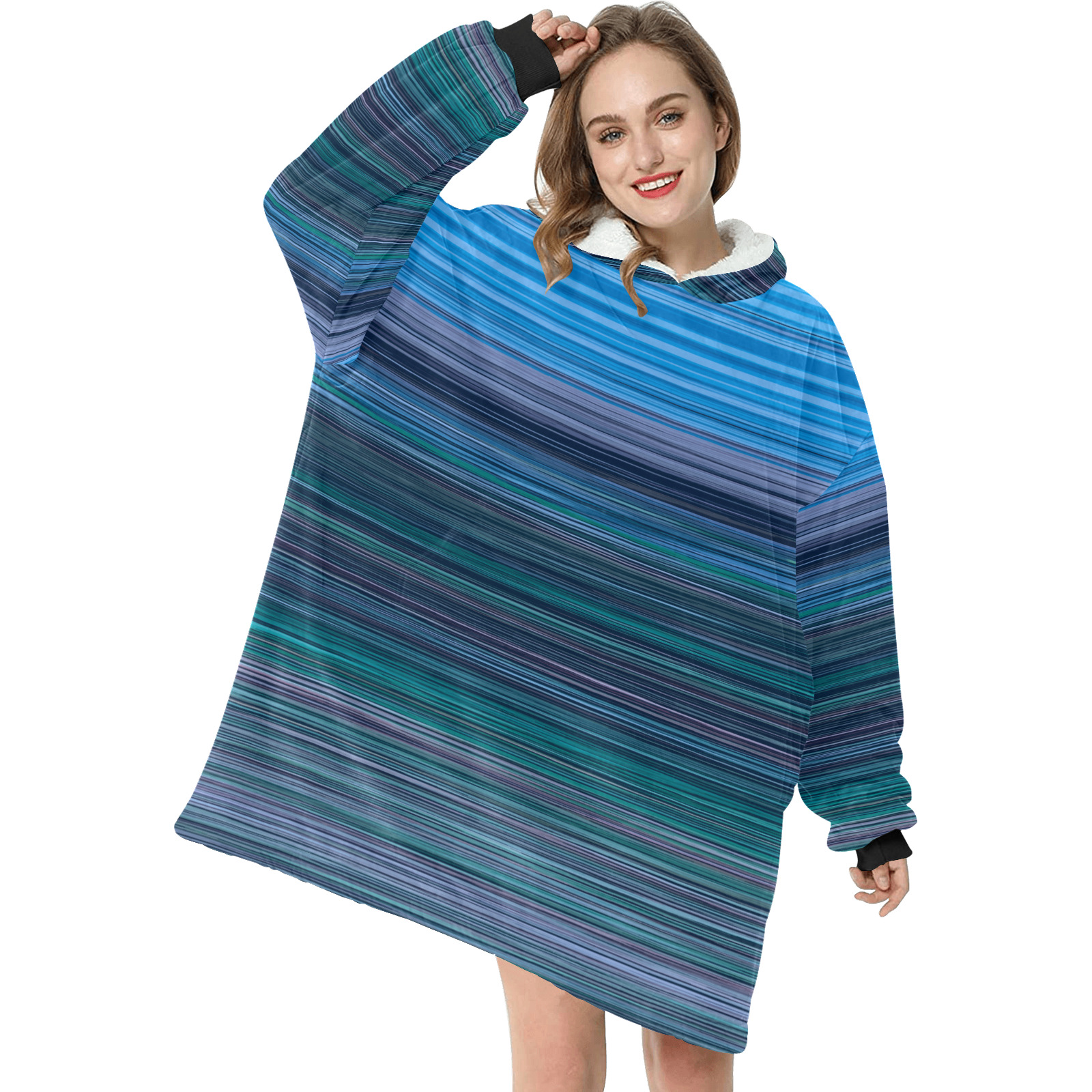 Abstract Blue Horizontal Stripes Blanket Hoodie for Women