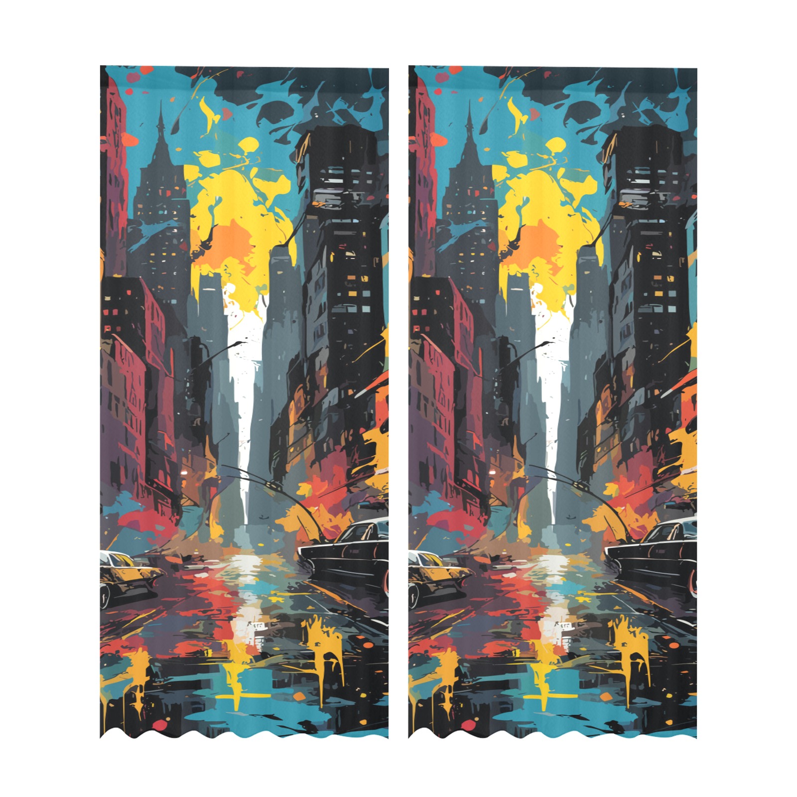 New York City colorful abstract art. Cars, houses Gauze Curtain 28"x95" (Two-Piece)