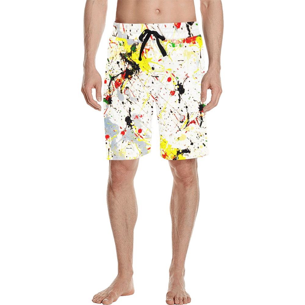Yellow & Black Paint Splatter Men's All Over Print Casual Shorts (Model L23)