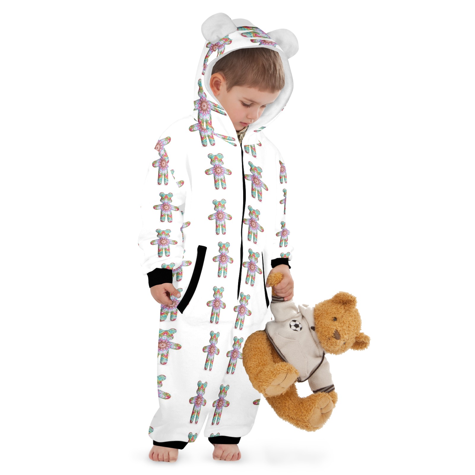 nounours 1 One-Piece Zip up Hooded Pajamas for Little Kids