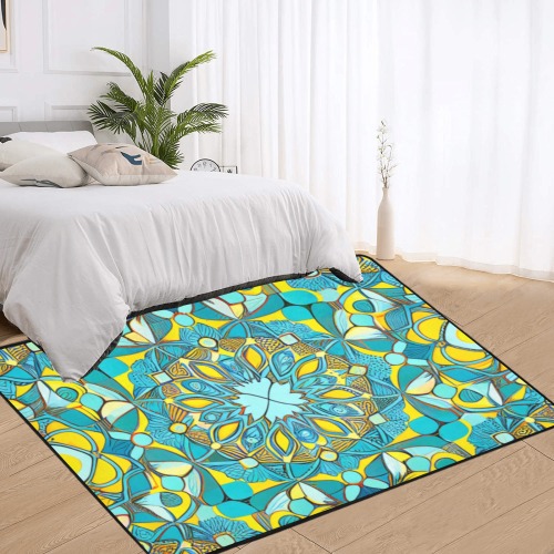 repeating pattern, turquoise and yellow Area Rug with Black Binding 7'x5'