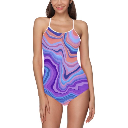 Lilac and orange waves-77U Strap Swimsuit ( Model S05)