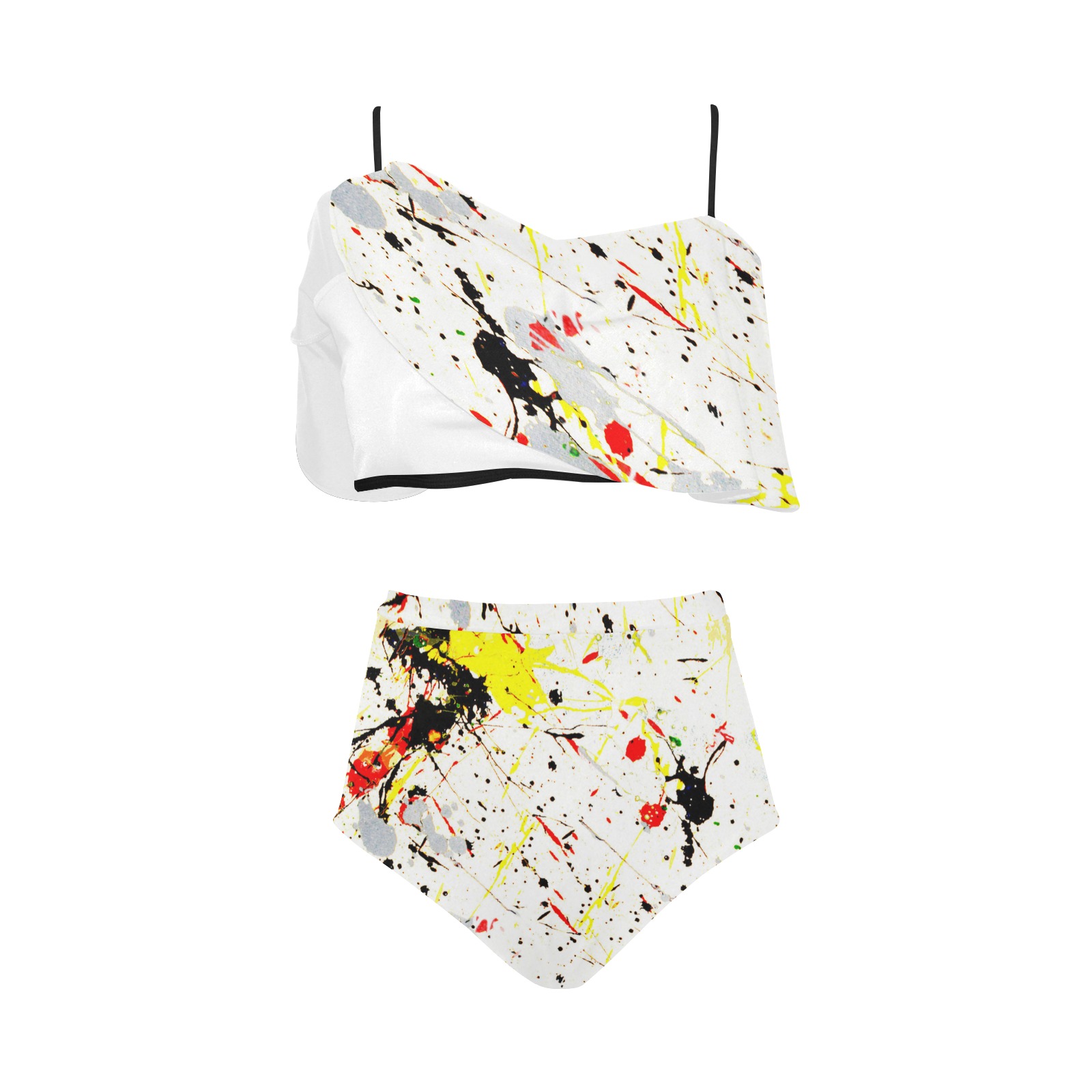 Yellow & Black Paint Splatter High Waisted Ruffle Bikini Set (Model S13)