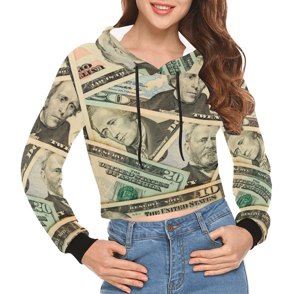 US PAPER CURRENCY All Over Print Crop Hoodie for Women (Model H22)