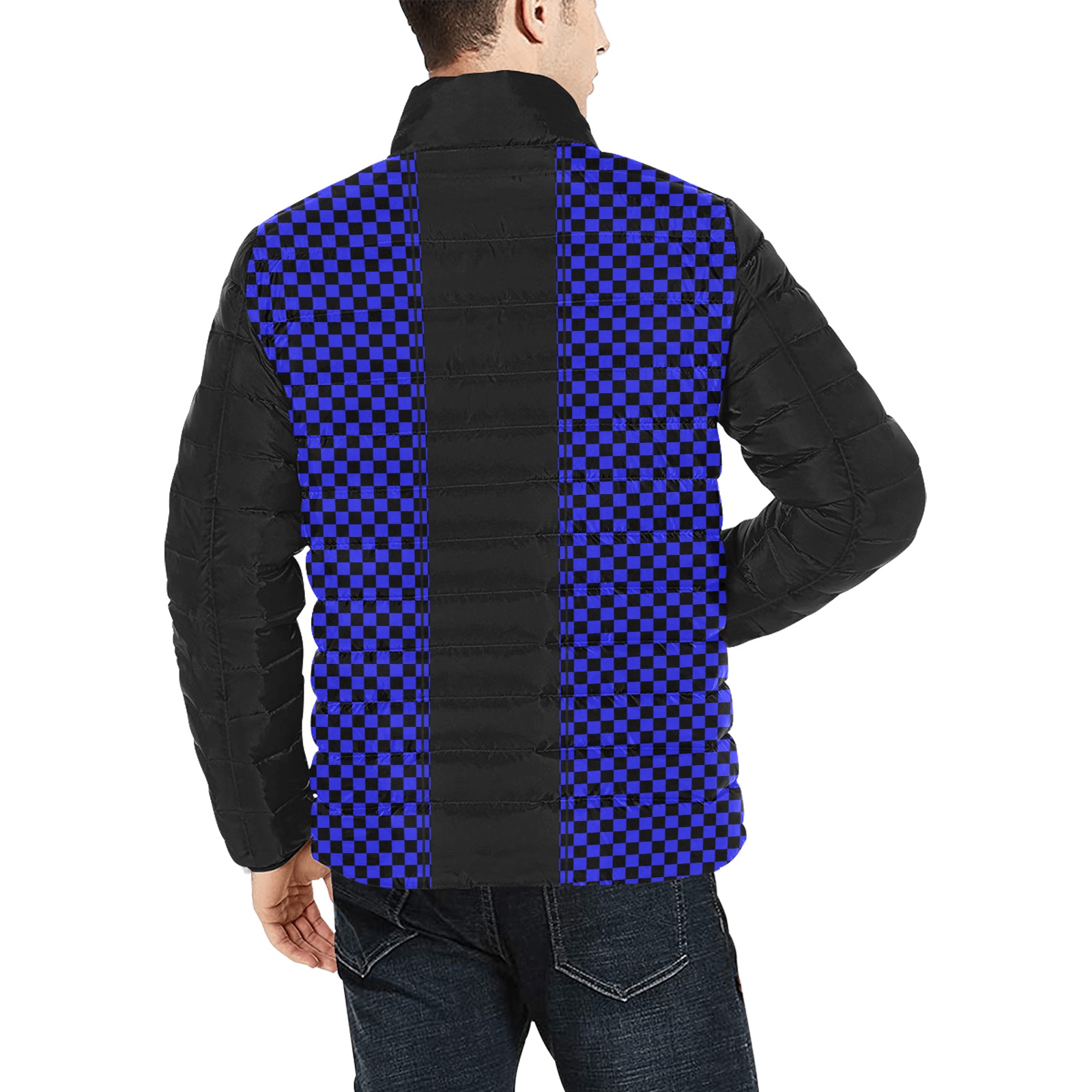 Checkerboard Blue Black Stripe Racing Men's Stand Collar Padded Jacket (Model H41)