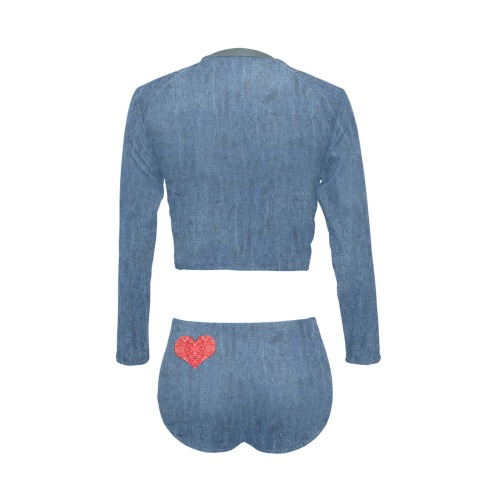 Bandana Heart on Denim-Look Long Sleeve Bikini Set (Model S27)