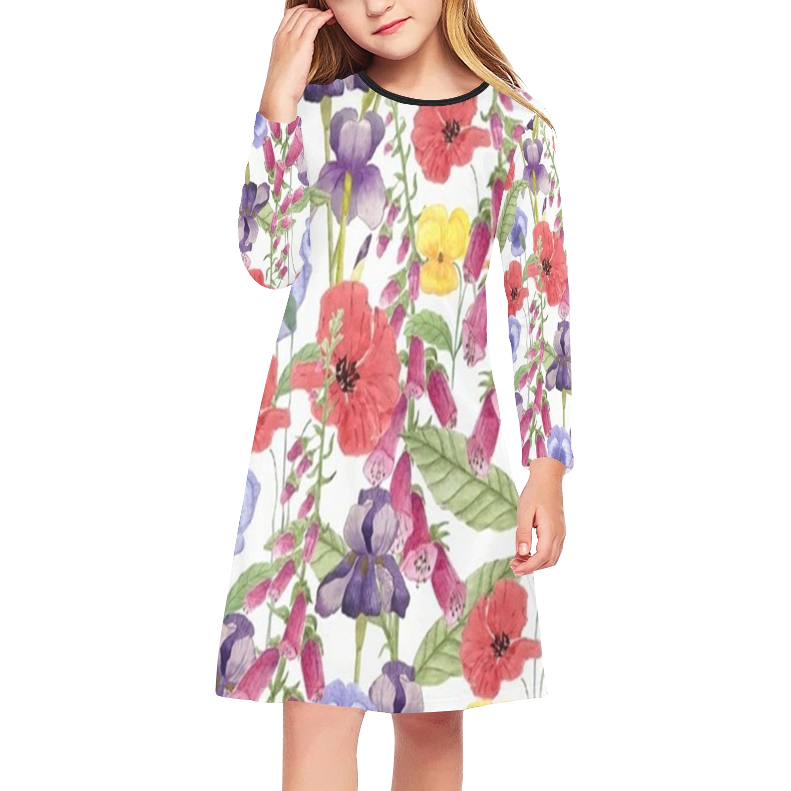 floral (16) Girls' Long Sleeve Dress (Model D59)