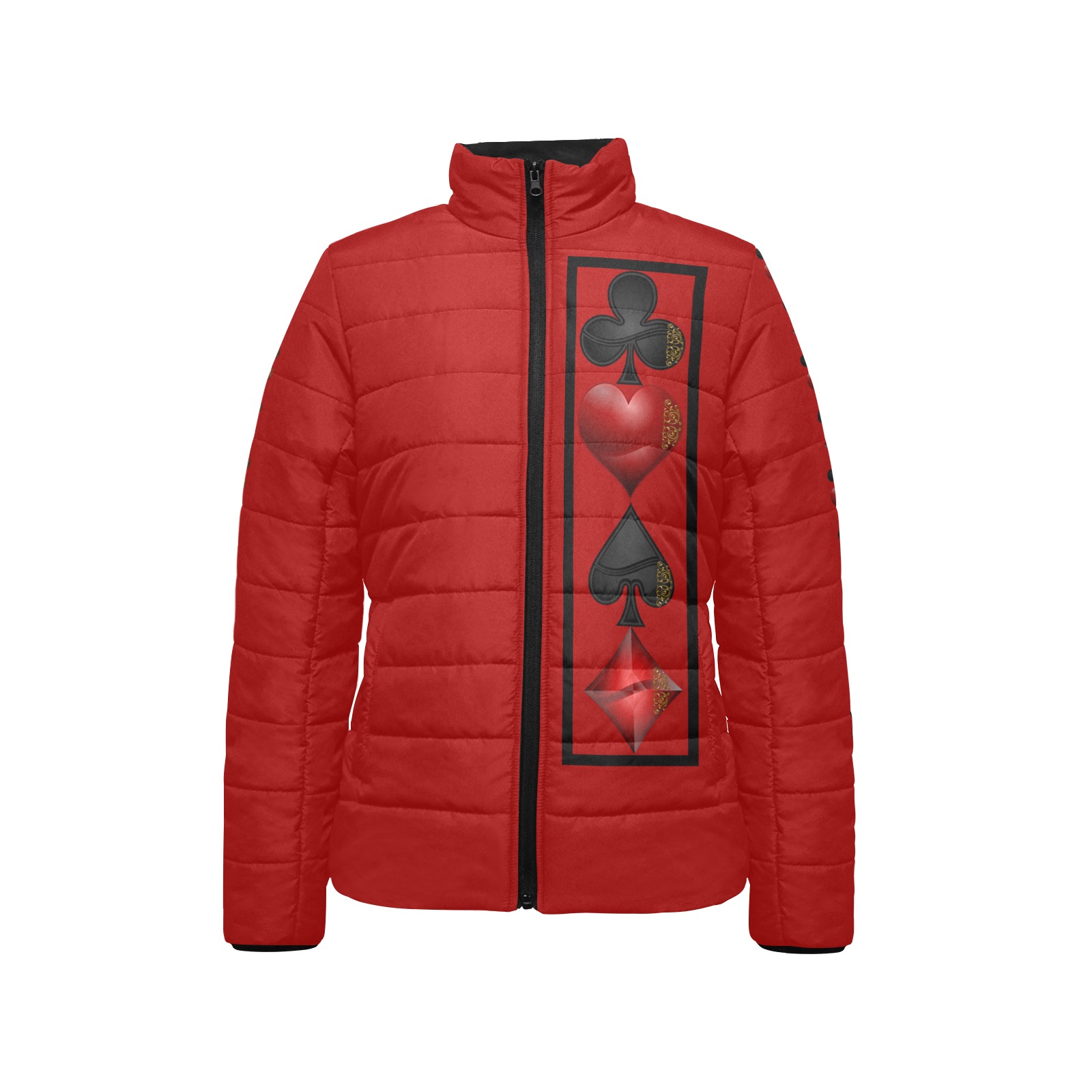 Black and Red Playing Card Shapes / Red Women's Stand Collar Padded Jacket (Model H41)