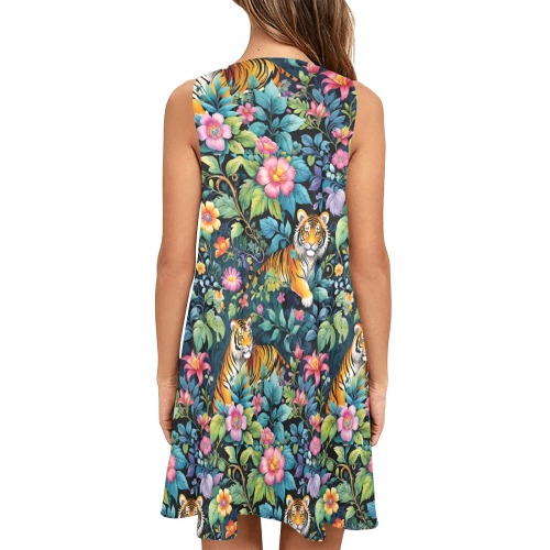 Jungle Tigers and Tropical Flowers Pattern Sleeveless A-Line Pocket Dress (Model D57)