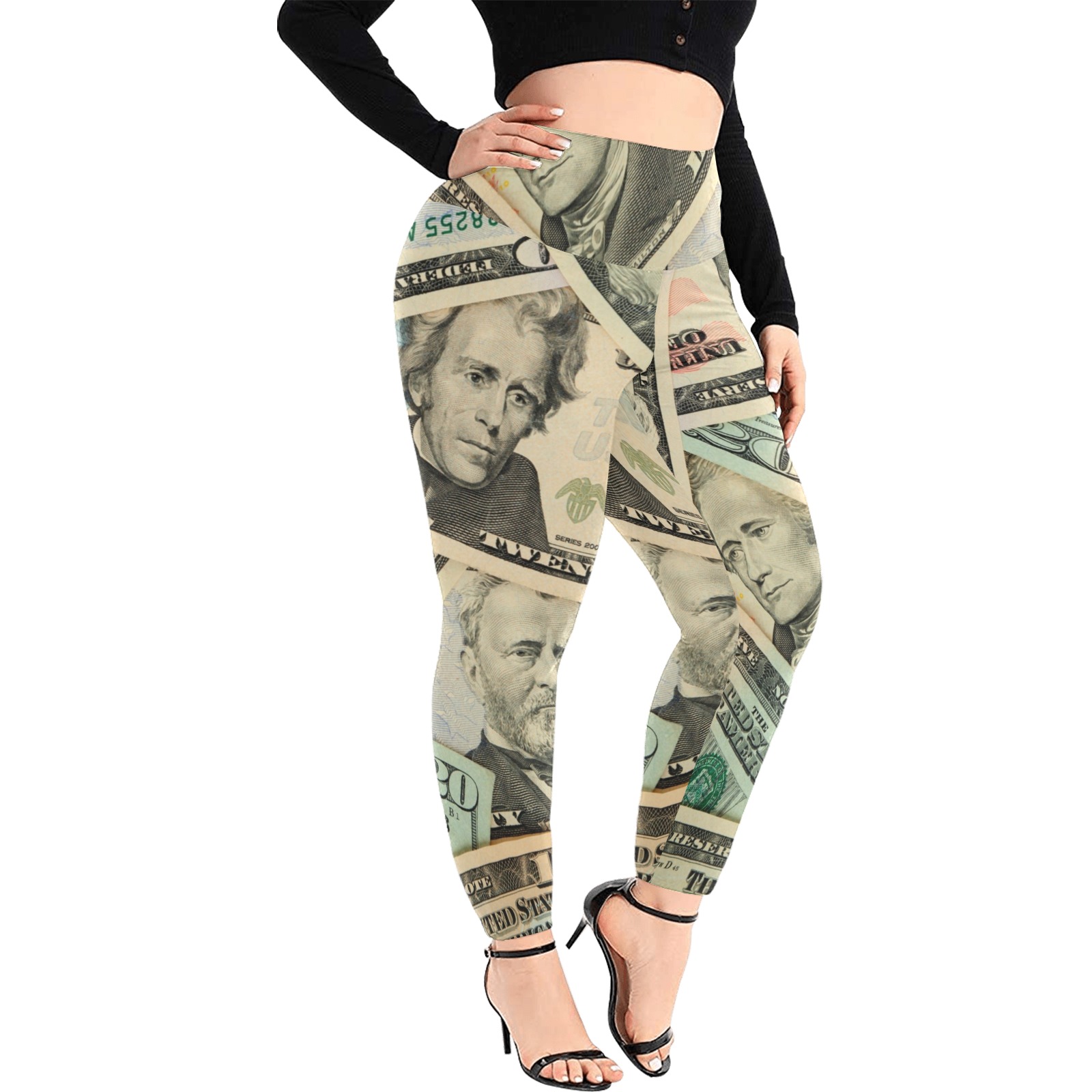US PAPER CURRENCY Women's Extra Plus Size High Waist Leggings (Model L45)