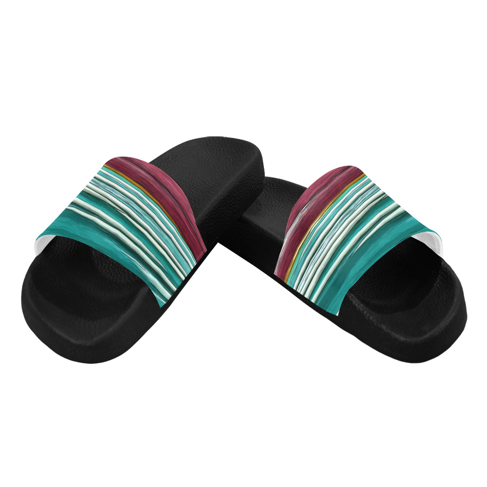Abstract Red And Turquoise Horizontal Stripes Women's Slide Sandals (Model 057)