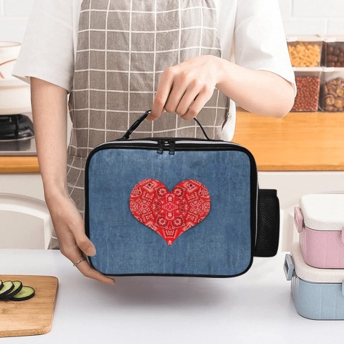 Red Bandanna Heart and Denim-Look PU Leather Lunch Bag (Model 1723)