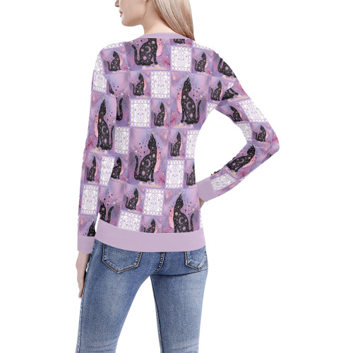 Purple Cosmic Cats Patchwork Pattern Women's All Over Print V-Neck Sweater (Model H48)