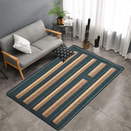 striped pattern, dark green and gold Area Rug with Black Binding 7'x5'