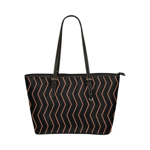 Black tan brown chevron vertical lines pattern Leather Tote Bag/Large (Model 1651)
