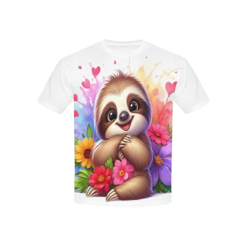 Watercolor Sloth 3 Kids' Mesh Cloth T-Shirt with Solid Color Neck (Model T40)