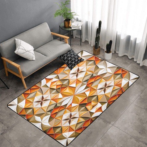 repeating pattern, white, orange and cream Area Rug with Black Binding 7'x5'