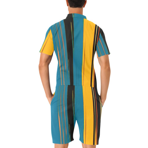 Black Turquoise And Orange Go! Abstract Art Men's Short Sleeve Jumpsuit