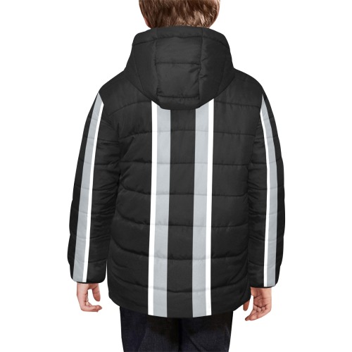Black and Silver Racing Stripe Black Kids' Padded Hooded Jacket (Model H45)