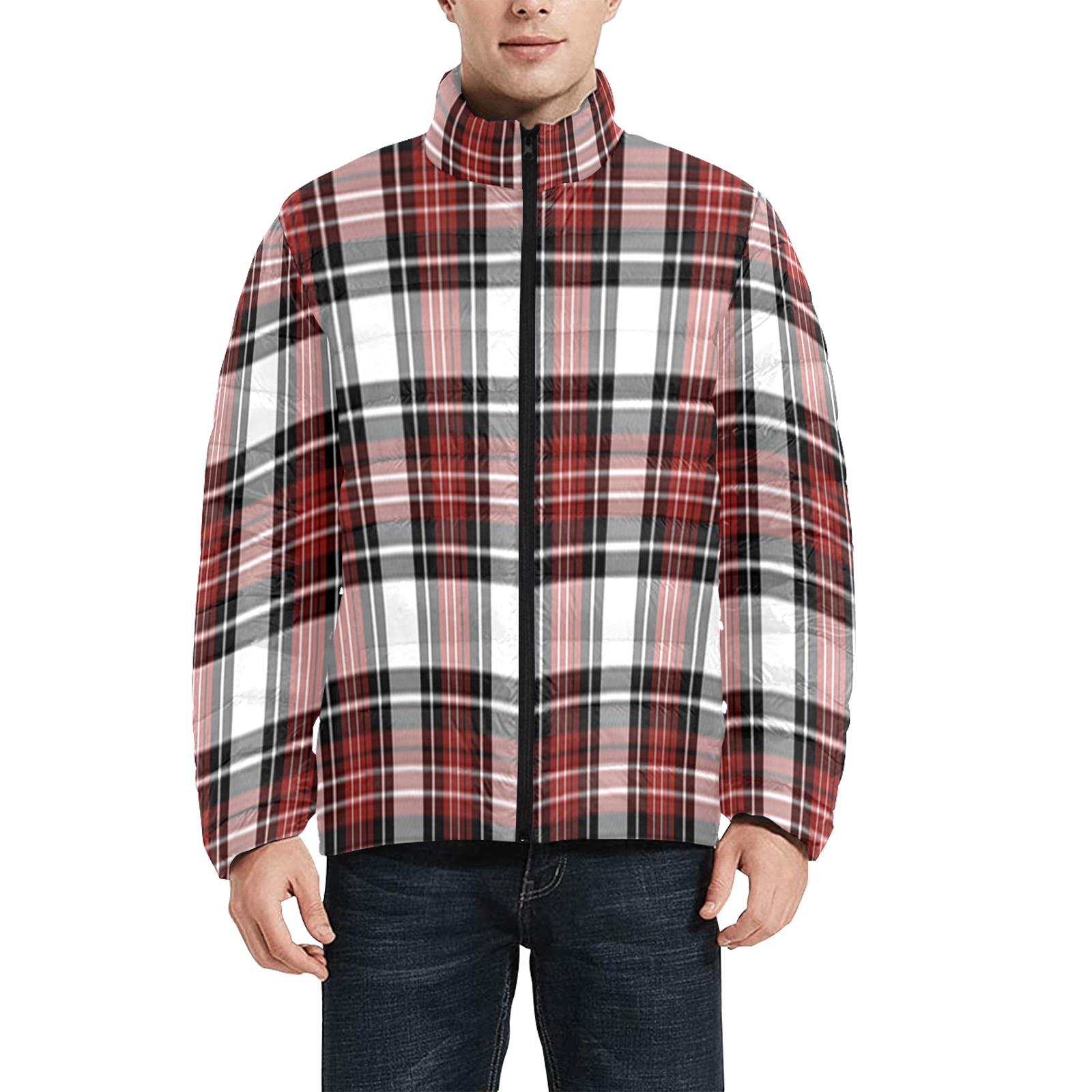 Red Black Plaid Men's Stand Collar Padded Jacket (Model H41)