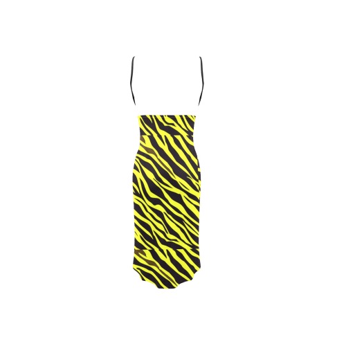 Neon Yellow Zebra Stripes Spaghetti Strap Backless Beach Cover Up Dress (Model D65)