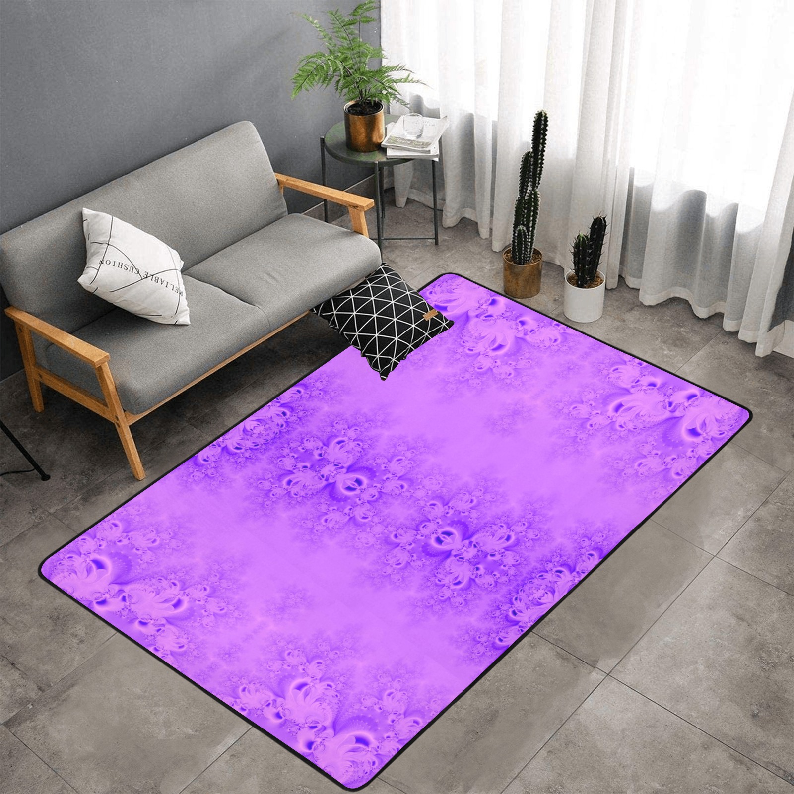 Purple Lilacs Frost Fractal Area Rug with Black Binding 7'x5'