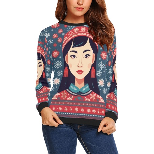 Adorable Chinese girl, snowflakes, red and blue. All Over Print Crewneck Sweatshirt for Women (Model H18)