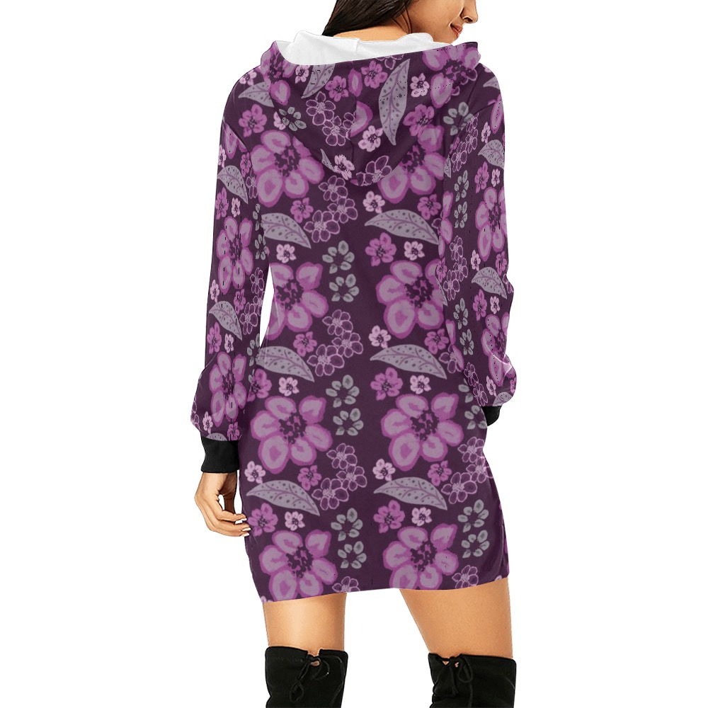 Unique Purple Floral Pattern All Over Print Hoodie Mini Dress (Model H27)