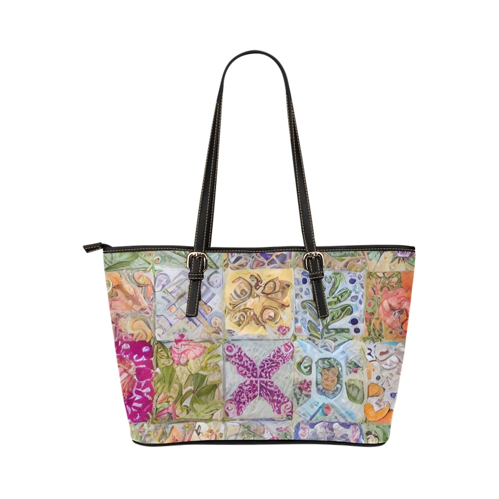 Boho Aesthetic Simulated Quilt Artwork Leather Tote Bag/Large (Model 1651)