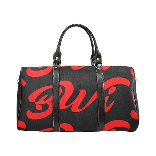 BWi Travel Bag: Black w/Red Font (Black Leather Strap) New Waterproof Travel Bag/Small (Model 1639)