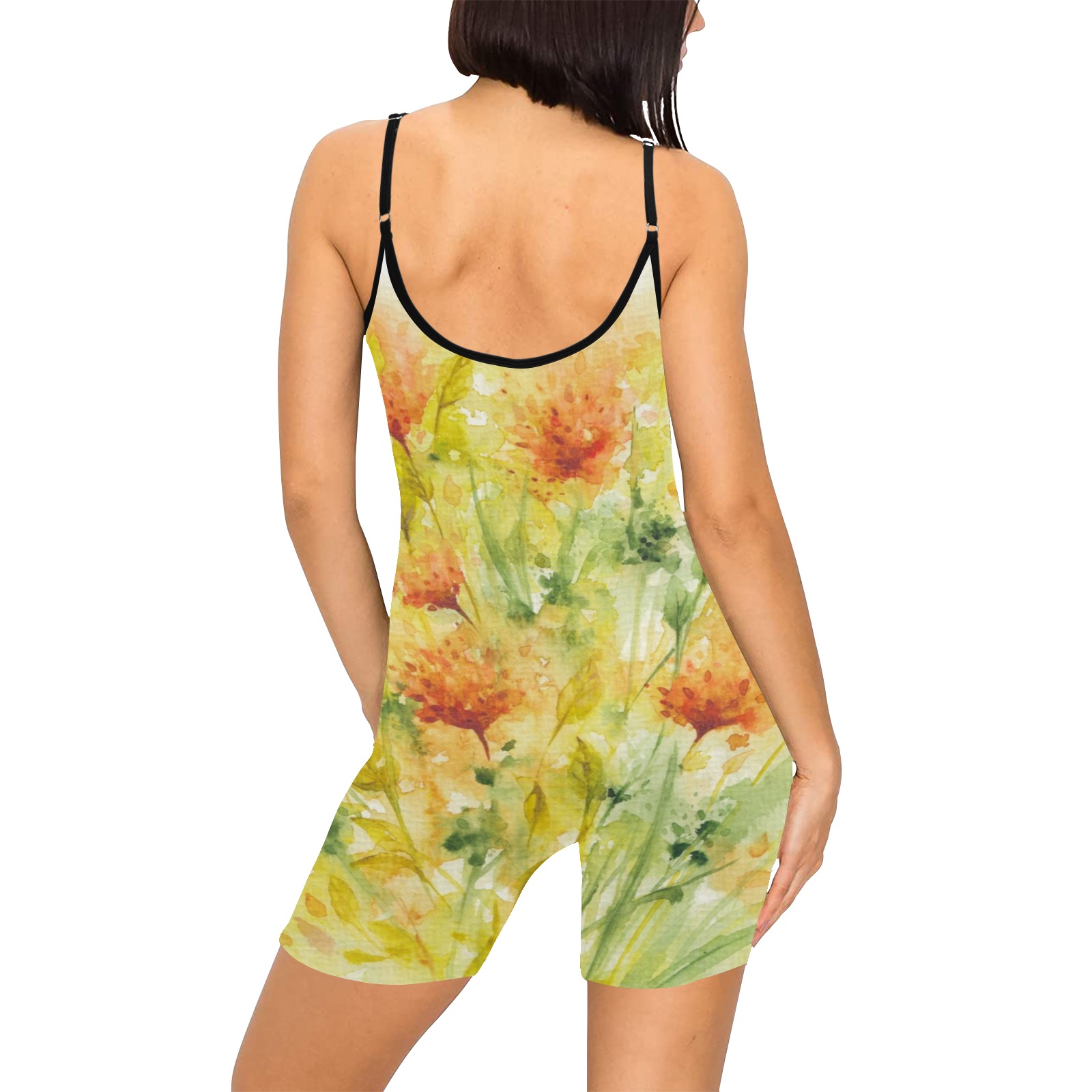Wild Flowers Orange and Green Watercolor Women's Short Yoga Bodysuit