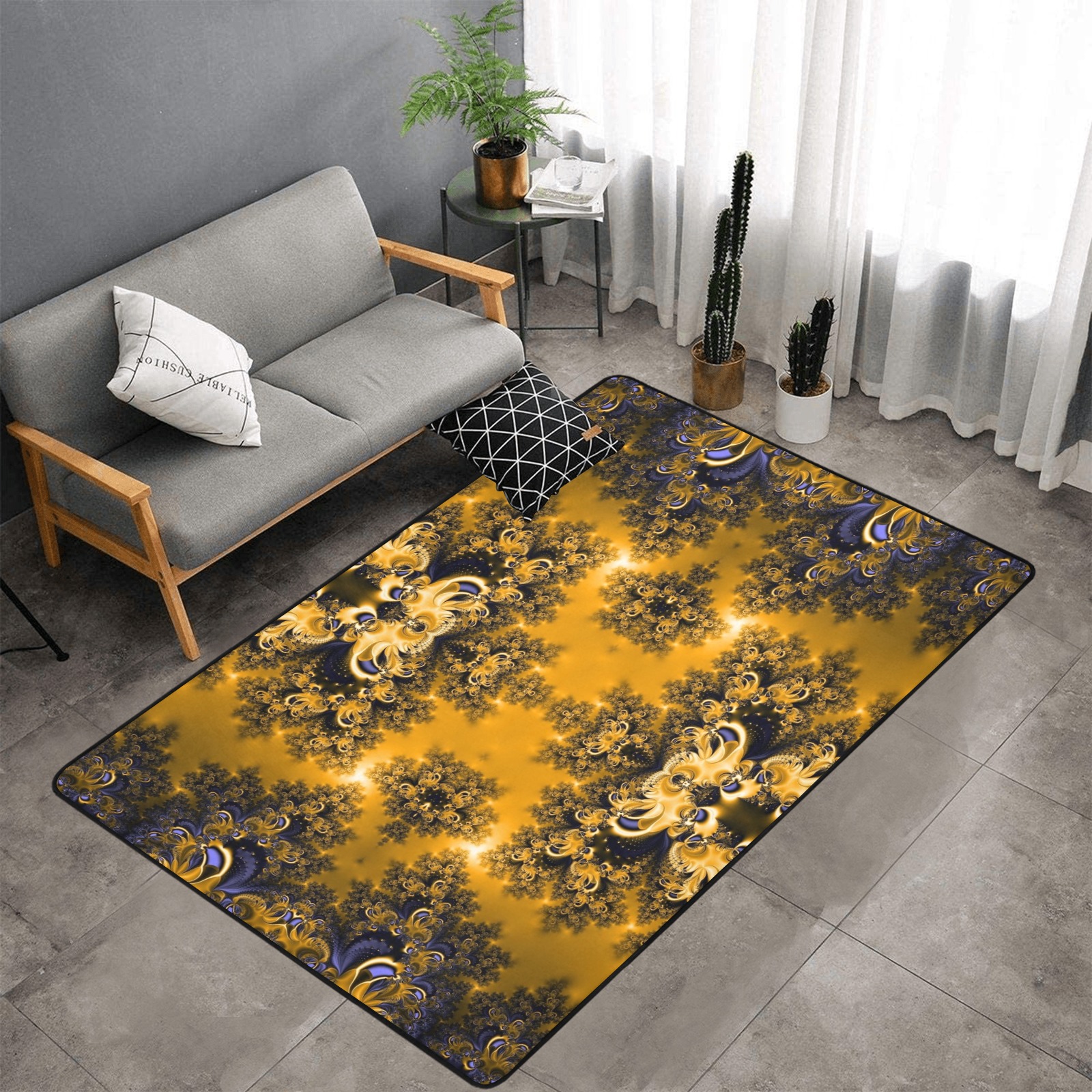 Golden Sun through the Trees Frost Fractal Area Rug with Black Binding 7'x5'