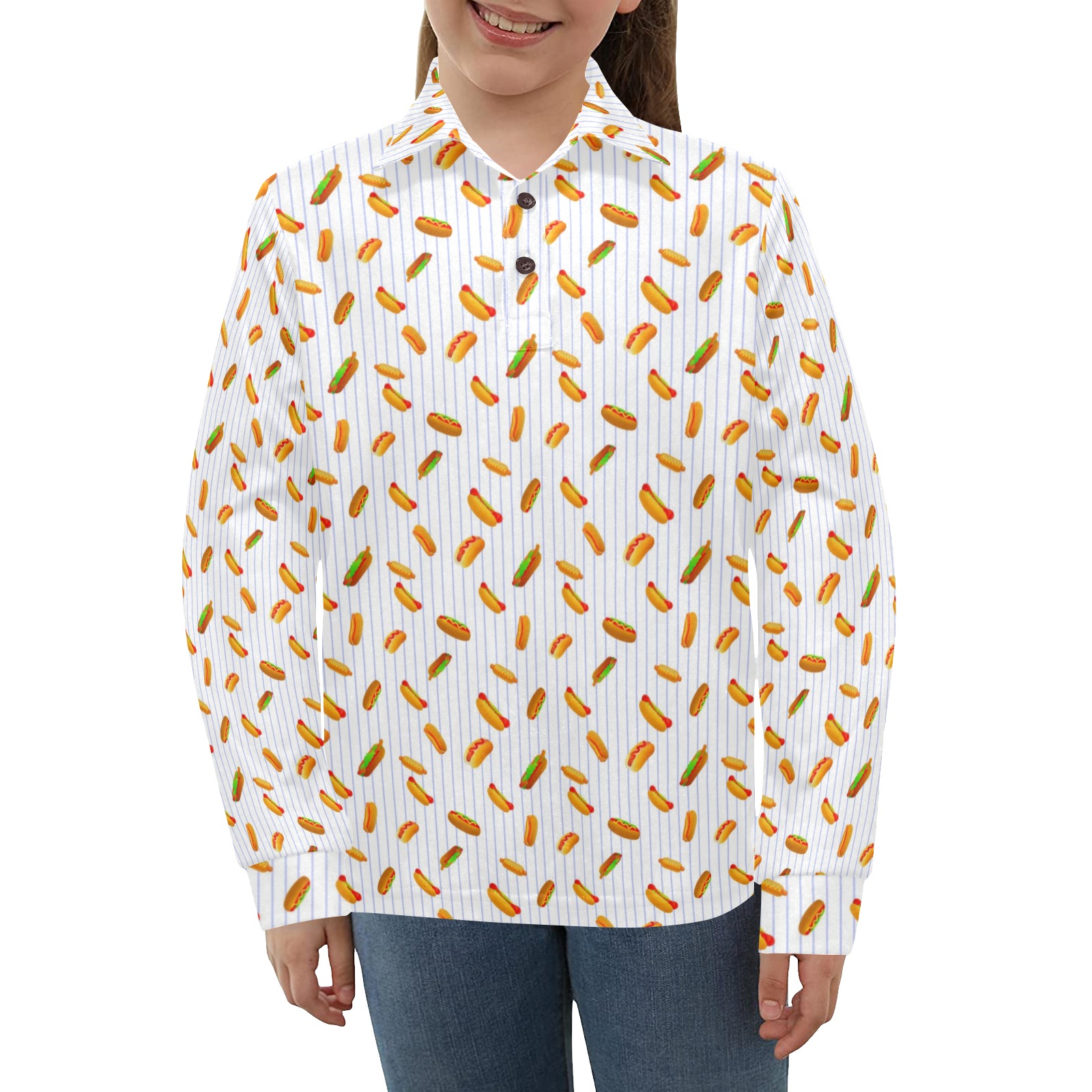 Hot Dog Pattern with Pinstripes Big Girls' All Over Print Long Sleeve Polo Shirt (Model T73)