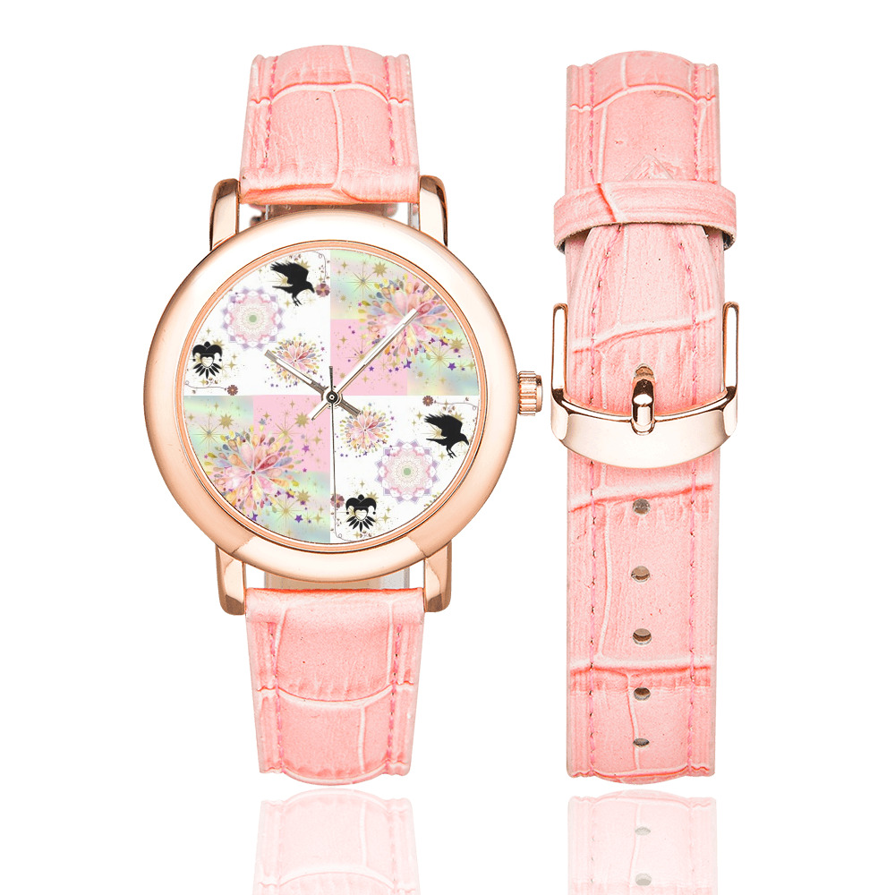 Secret Garden With Harlequin and Crow Patch Artwork Women's Rose Gold Leather Strap Watch(Model 201)