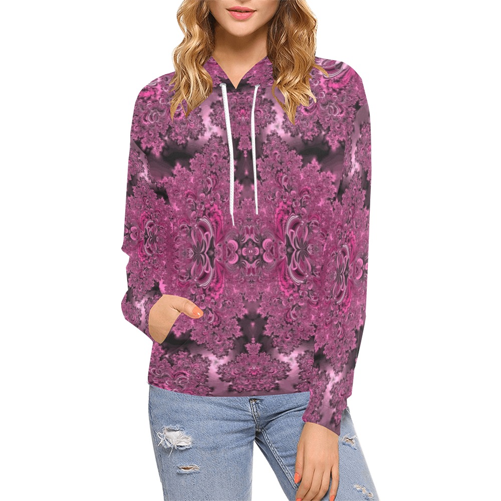 Pink Azalea Bushes Frost Fractal All Over Print Hoodie for Women (USA Size) (Model H13)