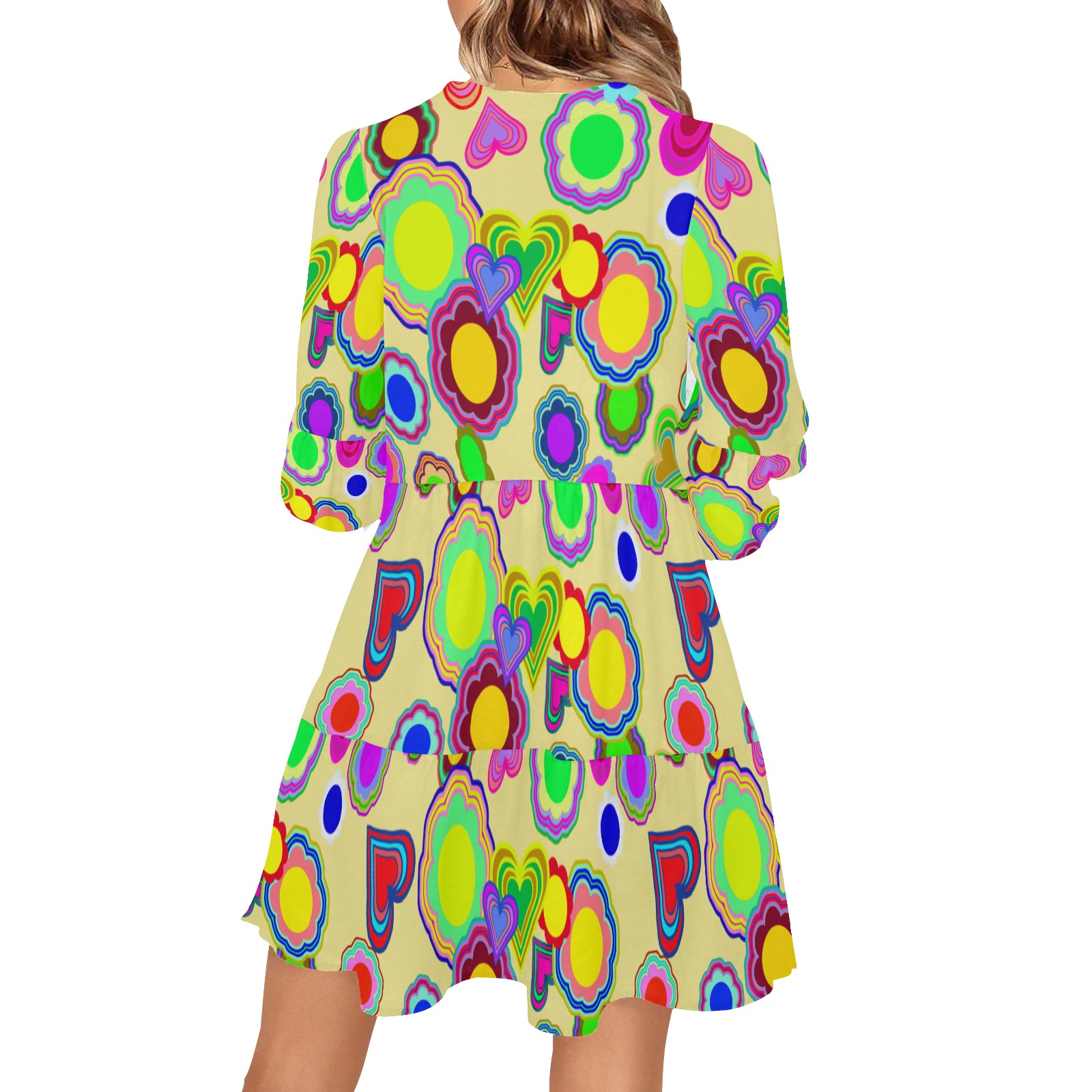Groovy Hearts and Flowers Yellow V-Neck Loose Fit Dress (Model D62)