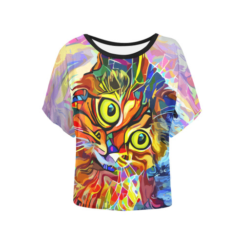 Abstract Cat Face Artistic Pet Portrait Painting Women's Batwing-Sleeved Blouse T shirt (Model T44)