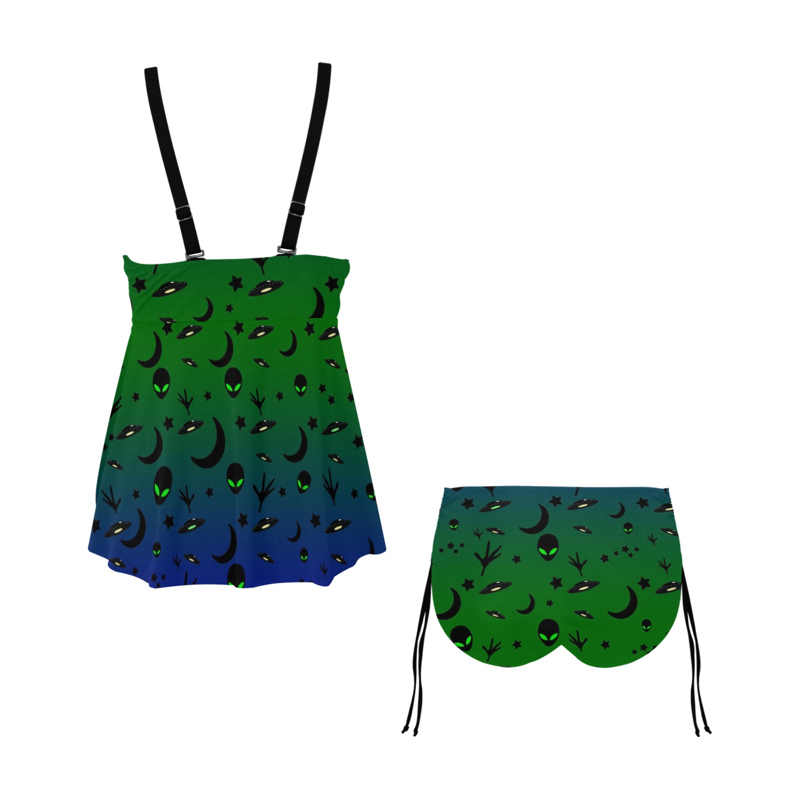 Aliens and Spaceships - Blue and Green Chest Drawstring Swim Dress (Model S30)