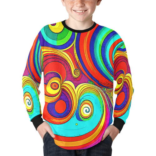 Colorful Groovy Rainbow Swirls Kids' Rib Cuff Long Sleeve T-shirt (Model T64)