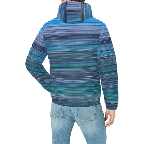 Abstract Blue Horizontal Stripes Men's Padded Hooded Jacket (Model H42)