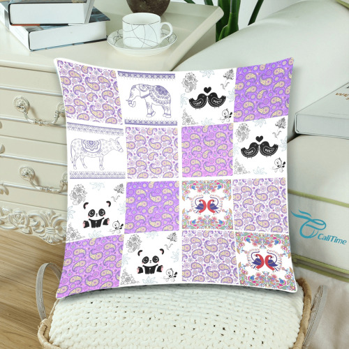 Purple Paisley Birds and Animals Patchwork Design Custom Zippered Pillow Cases 18"x 18" (Twin Sides) (Set of 2)