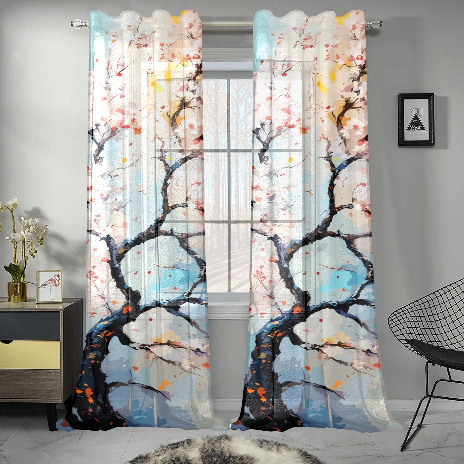 Classy art of blooming sakura tree. Hanami season. Gauze Curtain 28"x95" (Two-Piece)